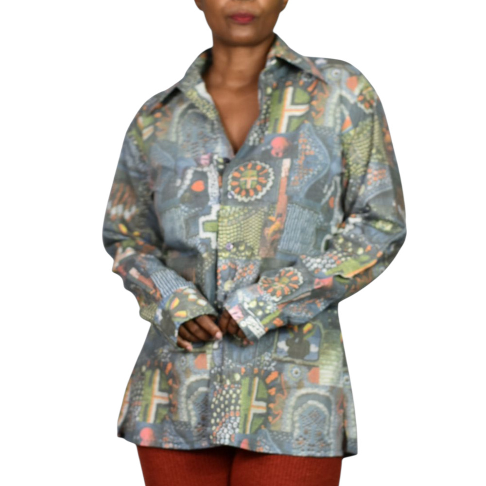 Vintage Trafalgar 70s Shirt Blue Patchwork Faded Trompe Loeil Point Collar Large